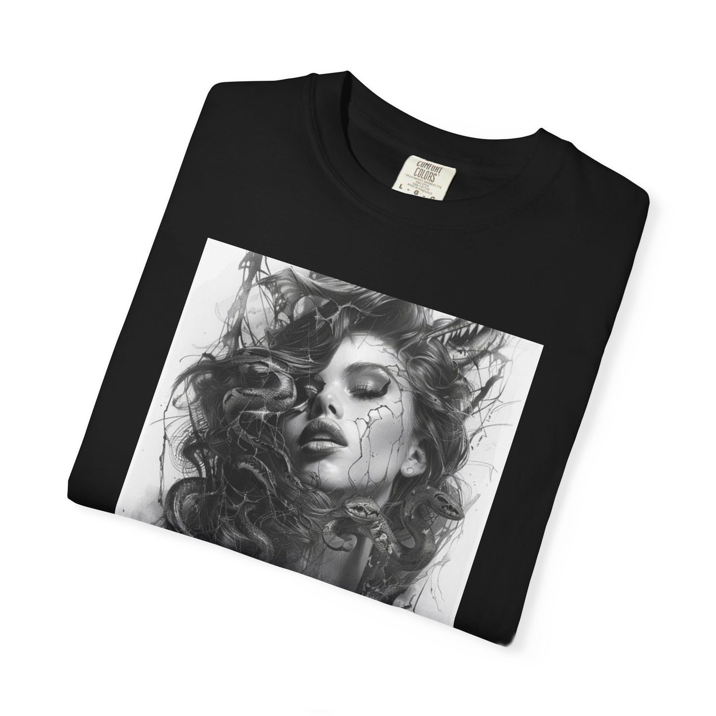Medusa Inspired Elegant Dreamer Unisex Garment-Dyed T-shirt, Artistic Tee, Boho Graphic Shirt, Unique Gift, Black T-shirt with Abstract Design