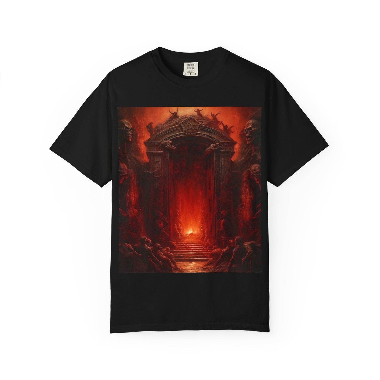"Gates Of Hell" Unisex Graphic Tee with Fiery Aesthetic, Edgy Streetwear T-shirt, Gothic Art Shirt, Graphic Apparel for Festivals, Gift for Art Lovers