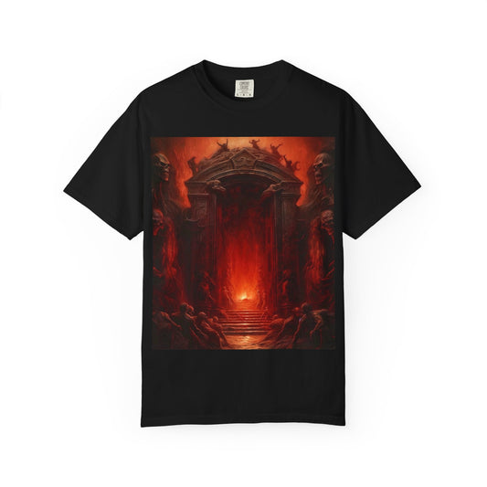 "Gates Of Hell" Unisex Graphic Tee with Fiery Aesthetic, Edgy Streetwear T-shirt, Gothic Art Shirt, Graphic Apparel for Festivals, Gift for Art Lovers