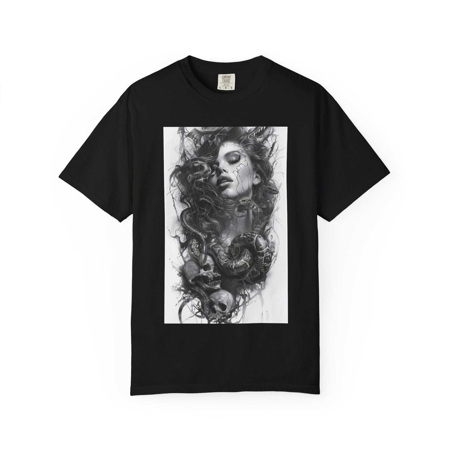 Medusa Inspired Elegant Dreamer Unisex Garment-Dyed T-shirt, Artistic Tee, Boho Graphic Shirt, Unique Gift, Black T-shirt with Abstract Design