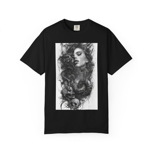 Medusa Inspired Elegant Dreamer Unisex Garment-Dyed T-shirt, Artistic Tee, Boho Graphic Shirt, Unique Gift, Black T-shirt with Abstract Design