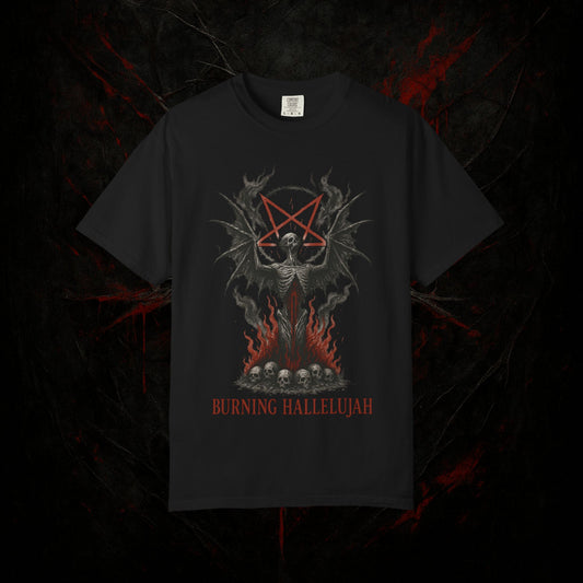 Burning Hallelujah T-Shirt with Angel and Pentagram Design