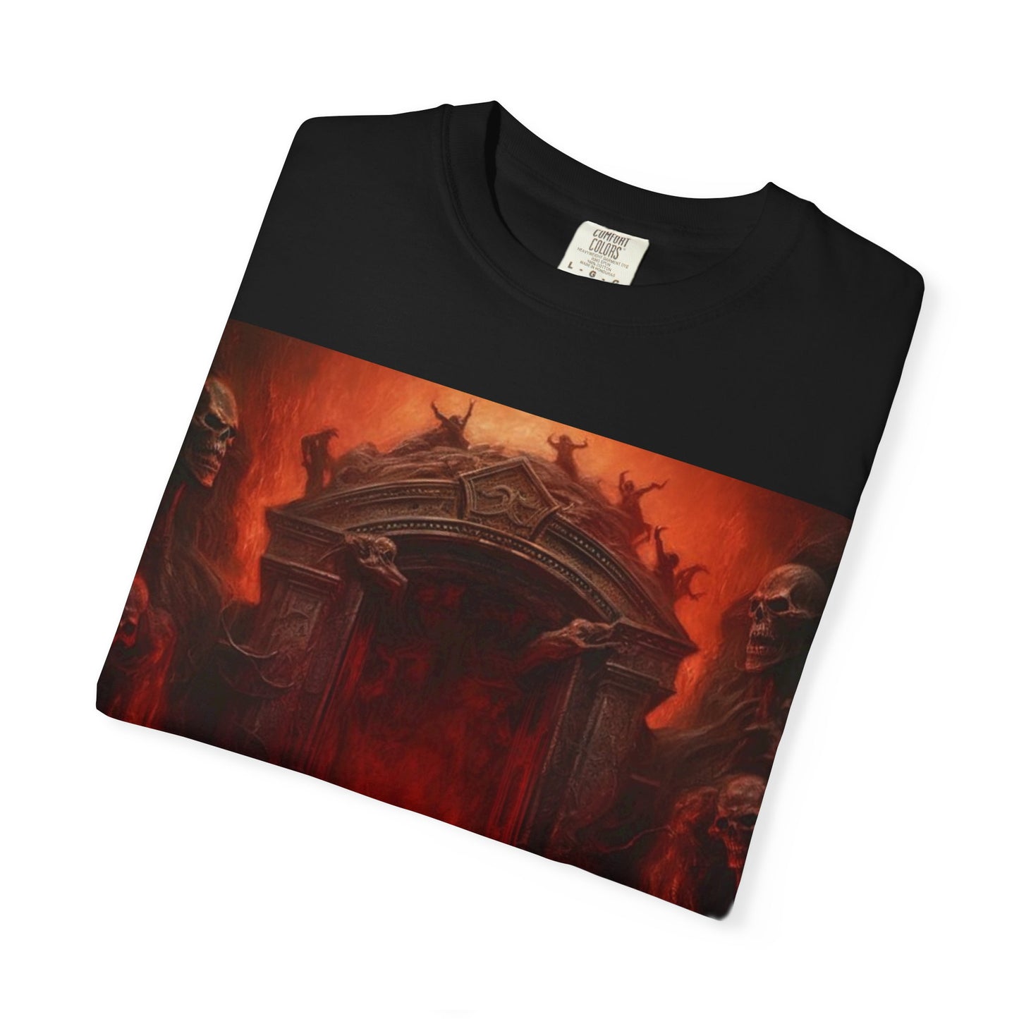 "Gates Of Hell" Unisex Graphic Tee with Fiery Aesthetic, Edgy Streetwear T-shirt, Gothic Art Shirt, Graphic Apparel for Festivals, Gift for Art Lovers