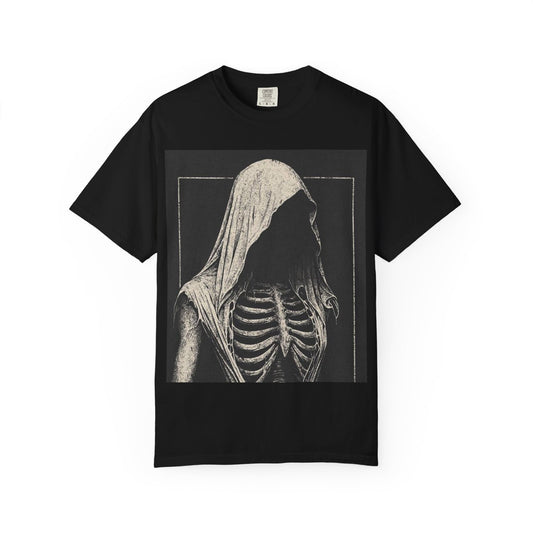 Gothic Hooded Skeleton Graphic T-Shirt, Unisex Tee, Alternative Fashion, Halloween Apparel, Casual Streetwear