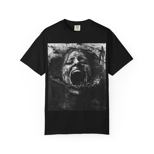 Edgy Graphic Tee: Unisex Garment-Dyed Horror T-shirt, Alternative Fashion, Art Lover Gift, Unique Tee, Halloween Costume